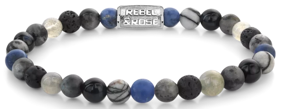 Bracciale in sodalite blu da 6 mm, agata, occhio di tigre blu, grigio larvikite, labradorite e pietre di lava con chiusura in acciaio inossidabile - Rebel&Rose Modello: RR-60142-S-M
