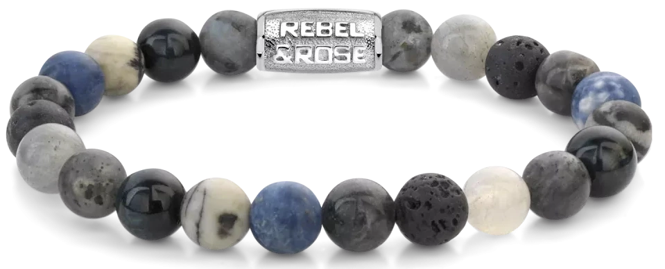 Bracciale in Sodalite blu da 8 mm, Agata, Occhio di Tigre blu, Grigio Larvikite, Labradorite e Pietra Lavica con chiusura in metallo - Rebel&Rose Modello: RR-80114-S-L