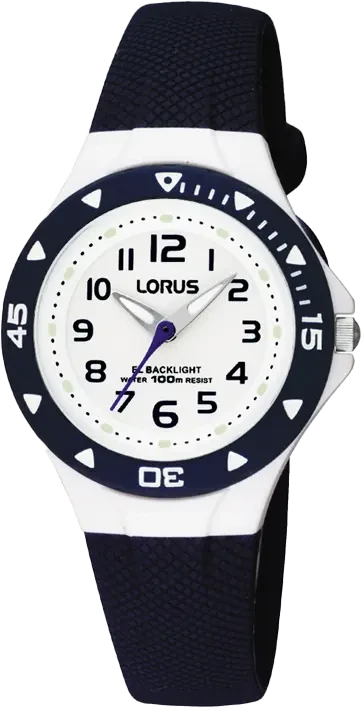 Orologio Lorus da bambino con cinturino in tessuto blu scuro, lunetta bianca e quadrante blu