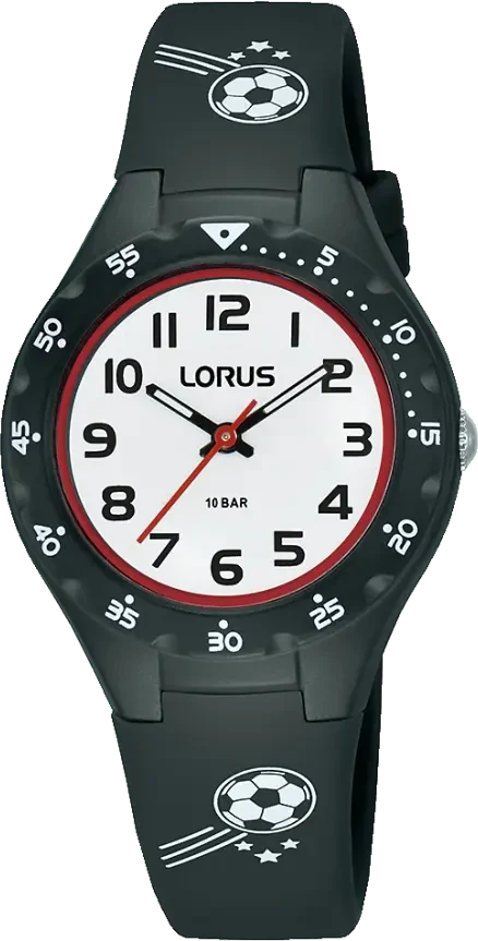 Orologio per bambini con cinturino in silicone nero e design calcistico, quadrante rotondo, display analogico.