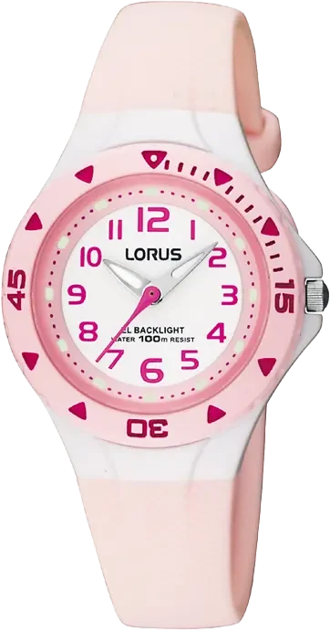 Orologio Lorus da bambino con cinturino in plastica rosa chiaro e quadrante rotondo, numeri rosa