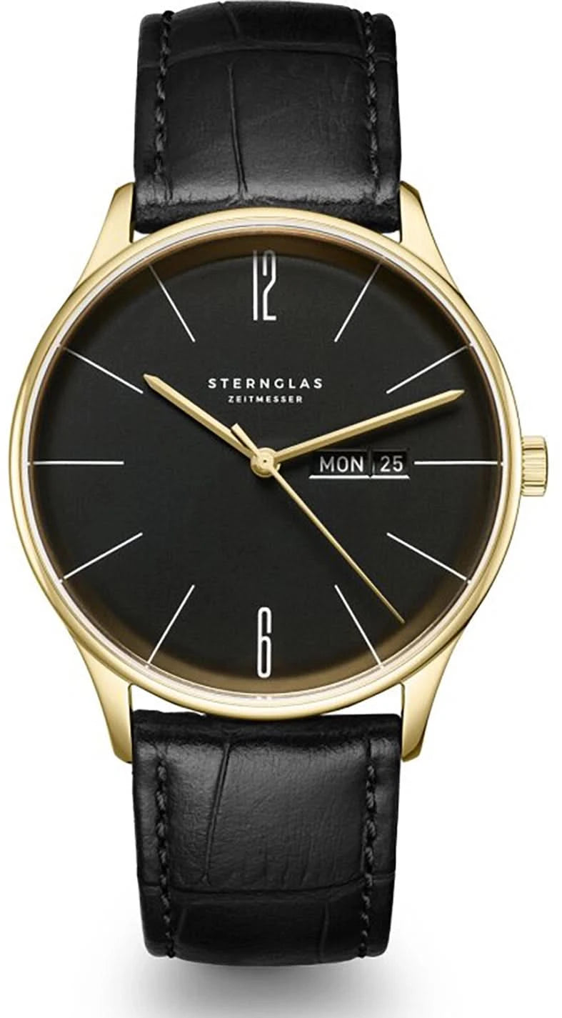 Orologio da uomo Sternglas con cinturino in pelle nera e quadrante nero, lunetta color oro