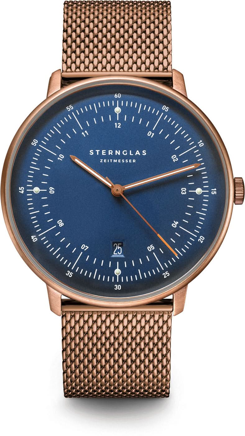 Orologio da uomo con quadrante blu, lunetta color oro rosa e cinturino in rete metallica