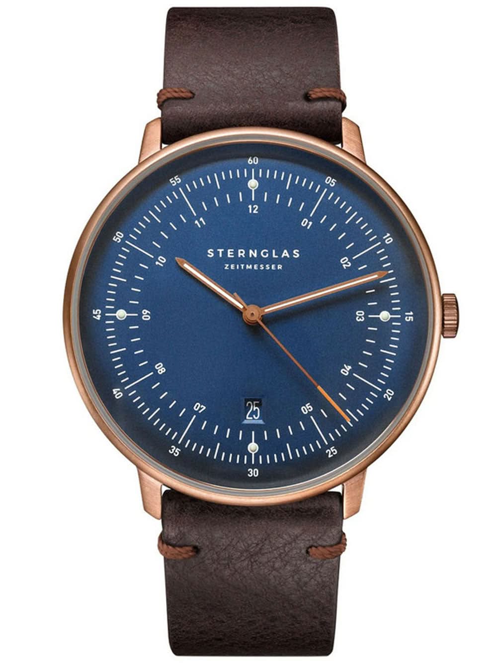 Orologio da uomo con quadrante blu, lunetta color oro rosa e cinturino in pelle marrone