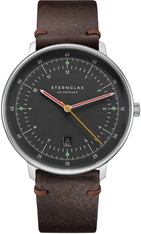 Orologio da uomo con cinturino in pelle marrone, quadrante nero, lancette colorate, datario