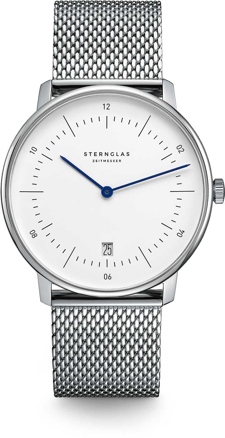 Sternglas Naos Automatik-Uhr, silbernes Milanaiseband, weißes Zifferblatt, blaue Zeiger