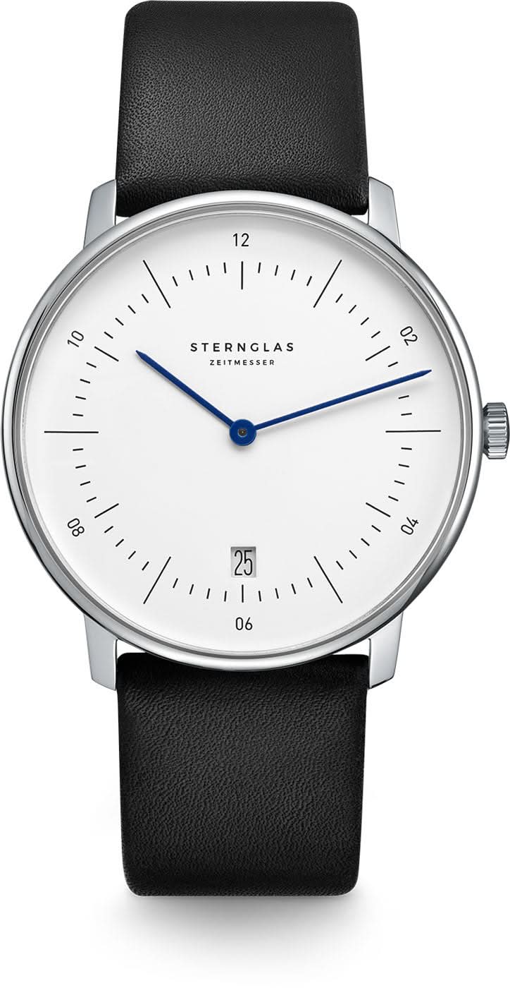 Herrenarmbanduhr von Sternglas mit weißem Zifferblatt und schwarzem Lederband