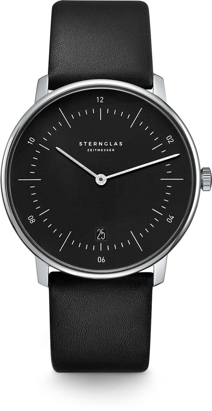 Orologio da uomo con quadrante nero, cinturino in pelle nera e vetro zaffiro