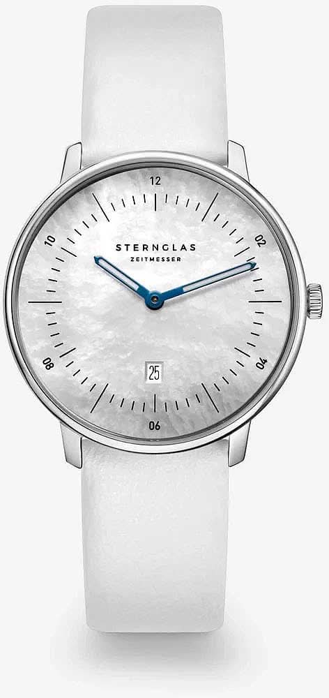 "Orologio da donna Sternglas Naos: cinturino in pelle bianca, cassa argentata, datario blu, lancette blu"