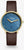 Damenuhr mit blauem Zifferblatt, goldfarbenem Gehäuse und braunem Lederarmband.