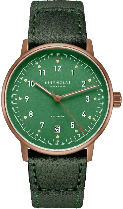 Orologio da uomo con quadrante verde e cinturino in pelle verde, lunetta color oro rosa.