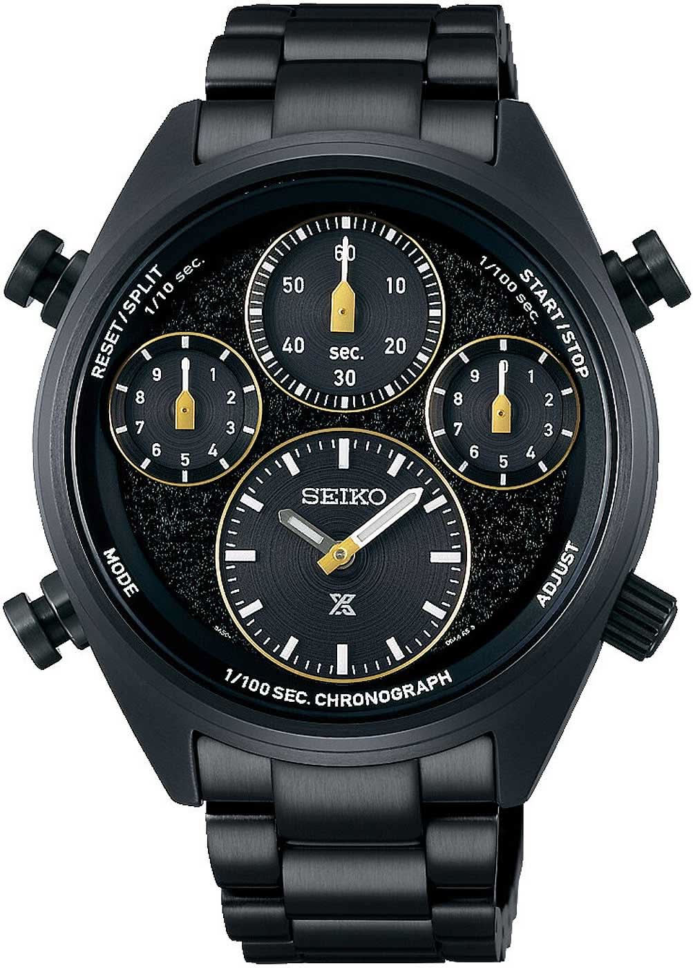 Herrenarmbanduhr mit schwarzem Ziffernblatt, Chronographen-Totalisatoren und schwarzem Edelstahlarmband.
