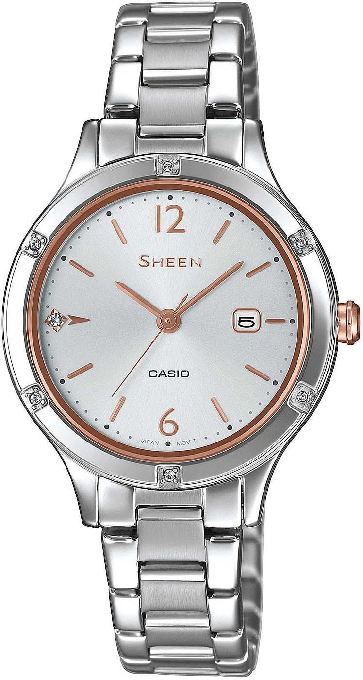 Orologio da donna Casio SHEEN: bracciale in acciaio inossidabile argentato, quadrante rotondo, lancette color oro rosa