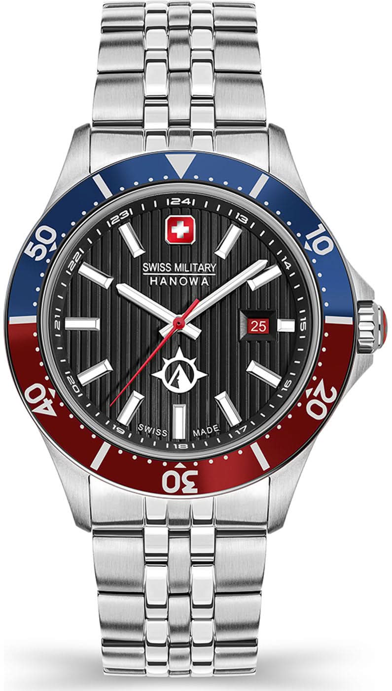 Herrenarmbanduhr Swiss Military mit silbernem Metallband, schwarzem Zifferblatt und blauer Lünette