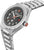 Silberne Sport-Herrenuhr mit schwarzem Zifferblatt und Edelstahlarmband.