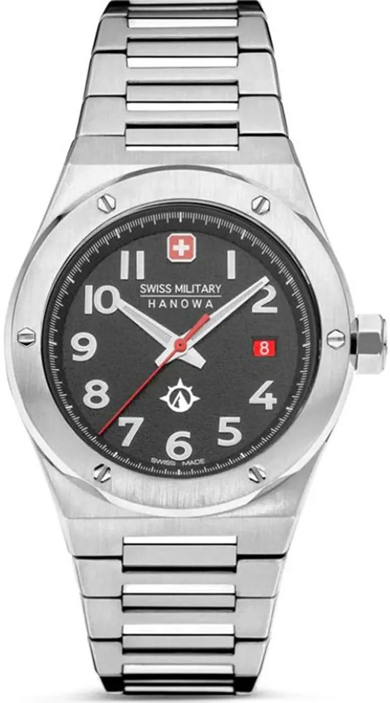 Silberne Herrenuhr mit schwarzem Zifferblatt, roten Zeigern und Metallarmband.