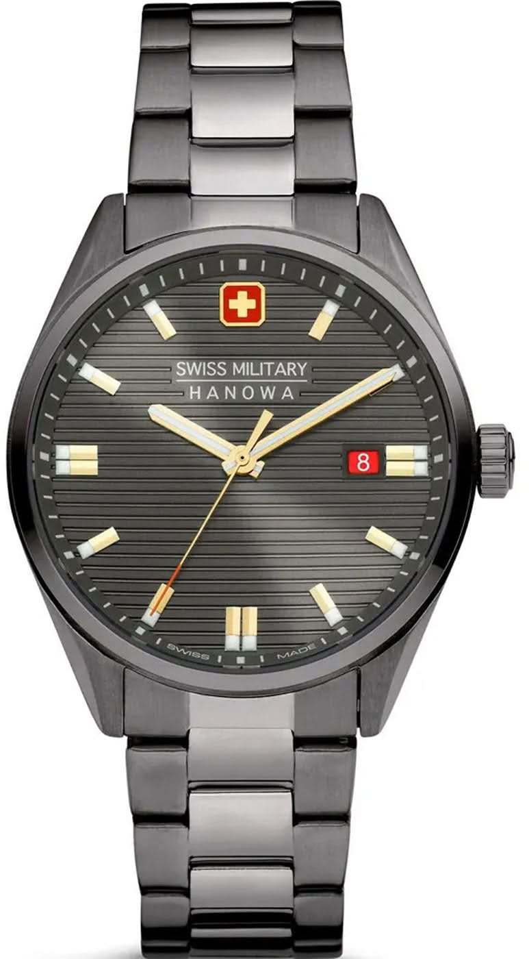 Herrenuhr mit grauem Metallarmband, rundem Zifferblatt und goldfarbenen Zeigern