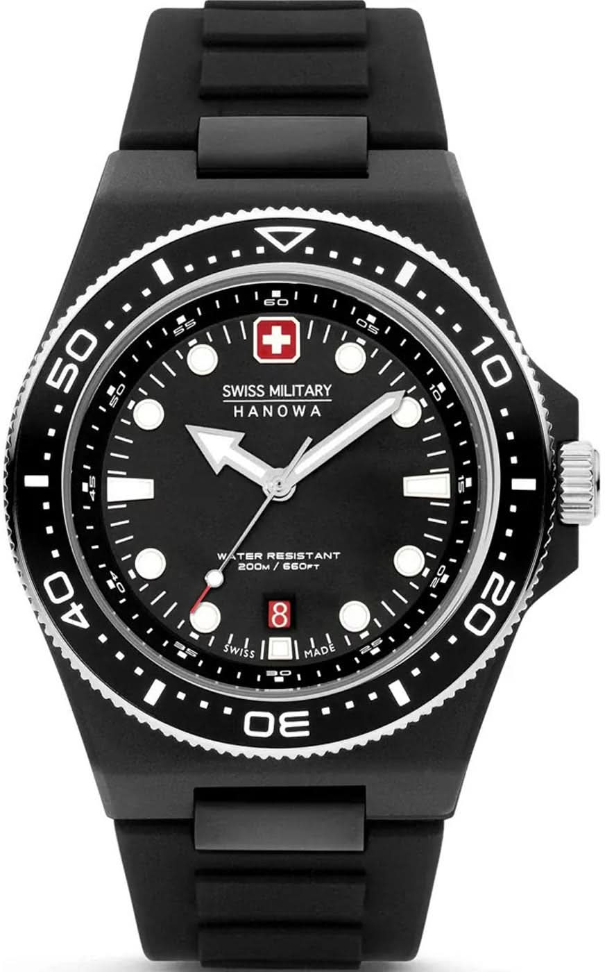 Herrenuhr von Swiss Military mit schwarzem Zifferblatt und Silikonarmband
