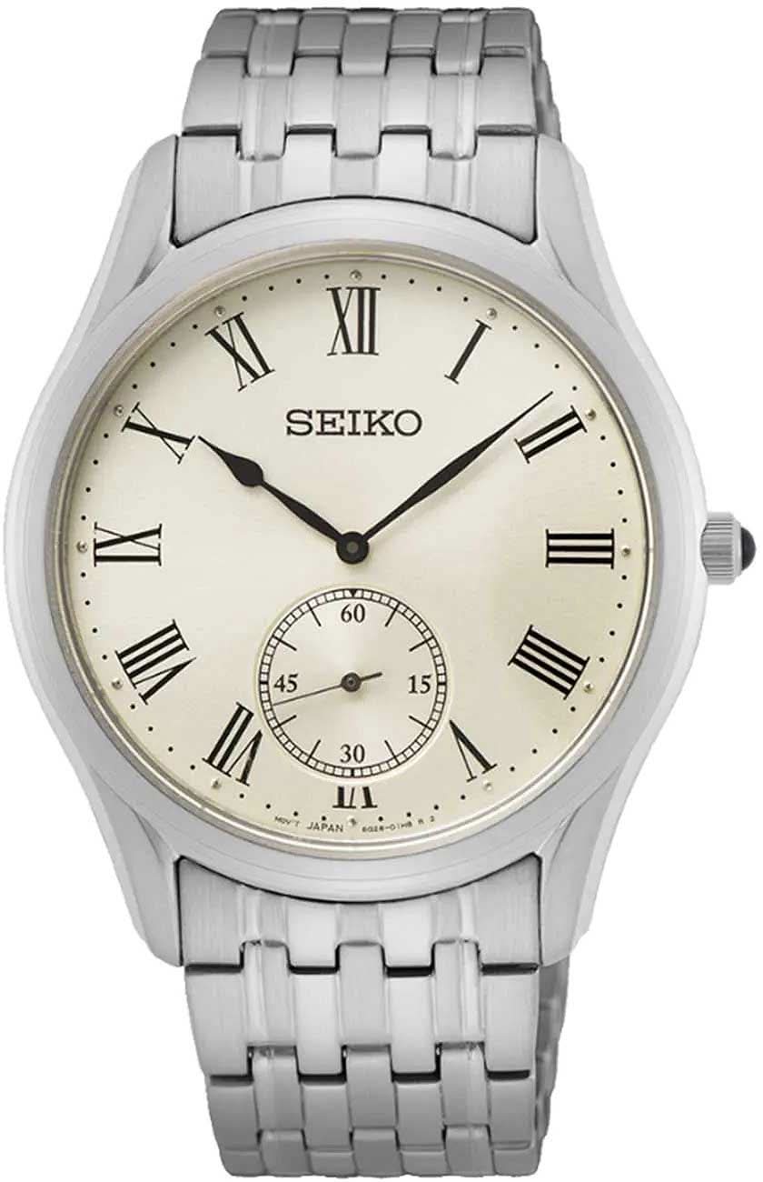 Orologio da uomo in argento con bracciale in acciaio inossidabile, quadrante beige, numeri romani, sub-quadrante