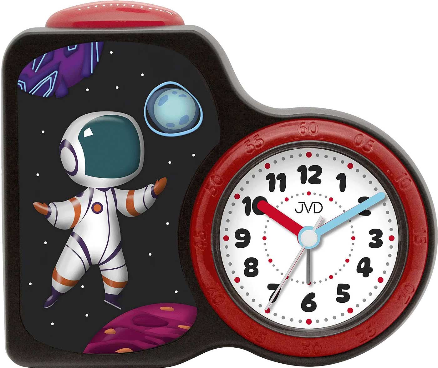 Sveglia con quadrante rosso e stampa JVD, cassa nero-rossa con motivo astronauta