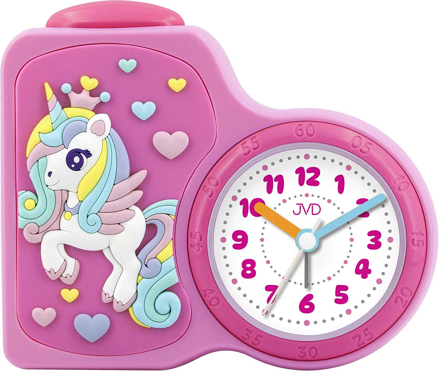 "Sveglia analogica JVD per bambini, unicorno rosa, plastica • Movimento al quarzo • Illuminazione del quadrante"