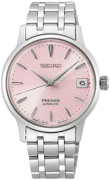 Orologio da donna Seiko Presage con quadrante rosa, datario e bracciale in acciaio inossidabile