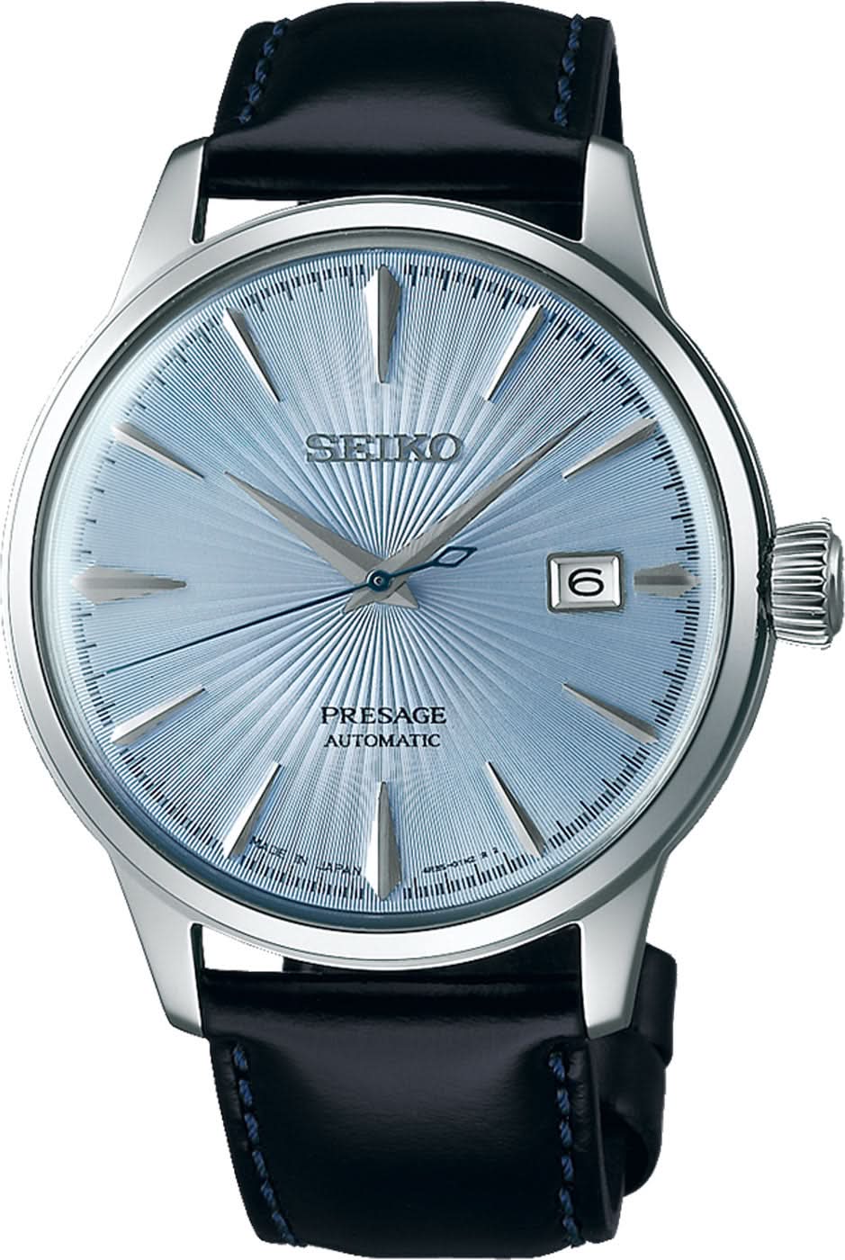 Orologio da uomo SEIKO con quadrante blu, cinturino in pelle nera, data a ore 6