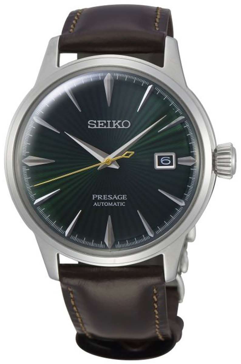 Orologio da uomo: quadrante verde, cassa in argento, cinturino in pelle marrone