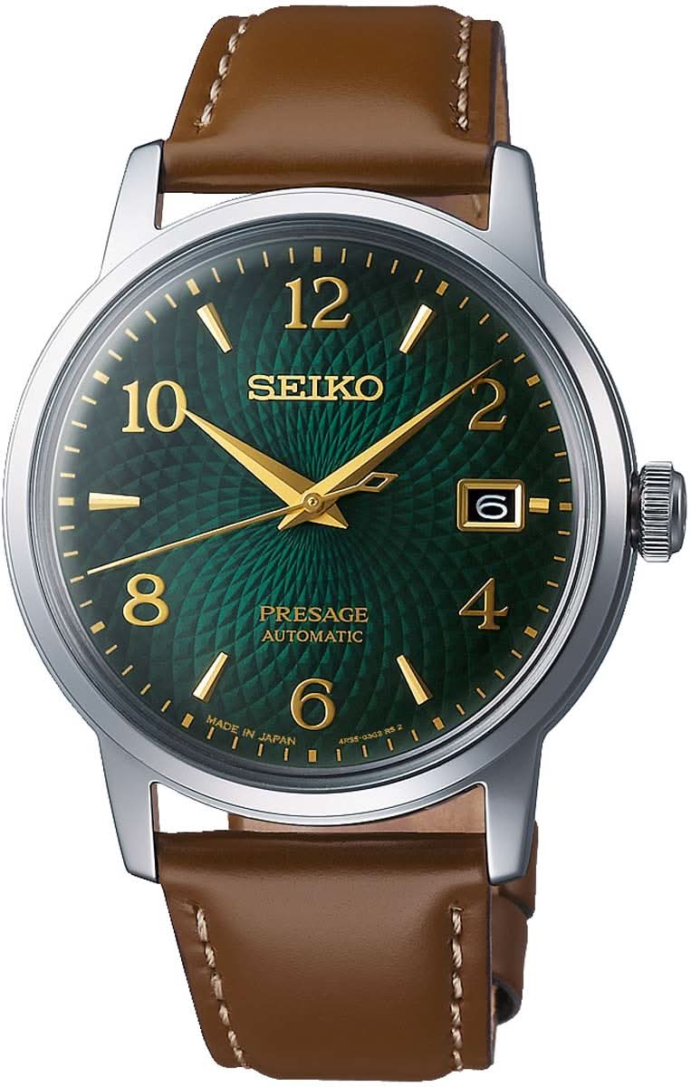Automatik-Herrenuhr mit grünem Zifferblatt, goldenen Zeigern und braunem Lederarmband