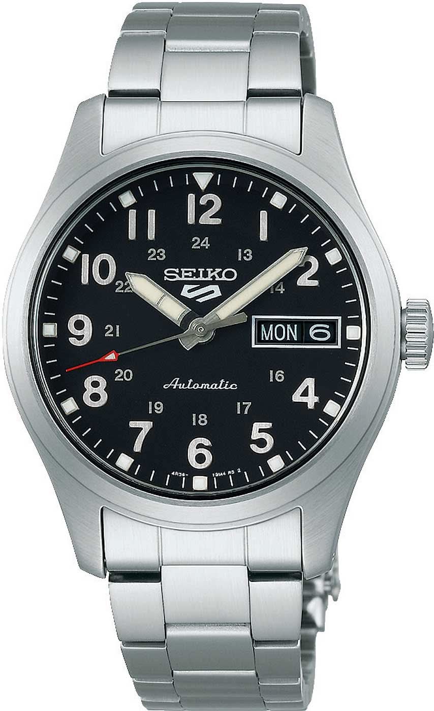 Orologio da uomo Seiko 5 Sports con quadrante nero e cinturino in acciaio