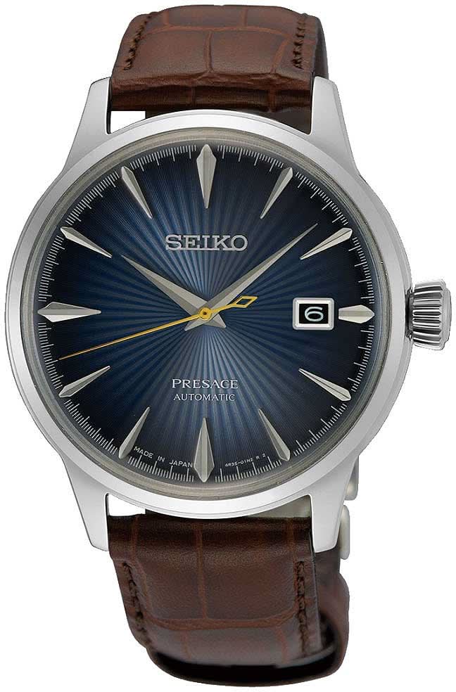 Orologio da uomo con quadrante blu, cinturino in pelle marrone e datario a ore 6