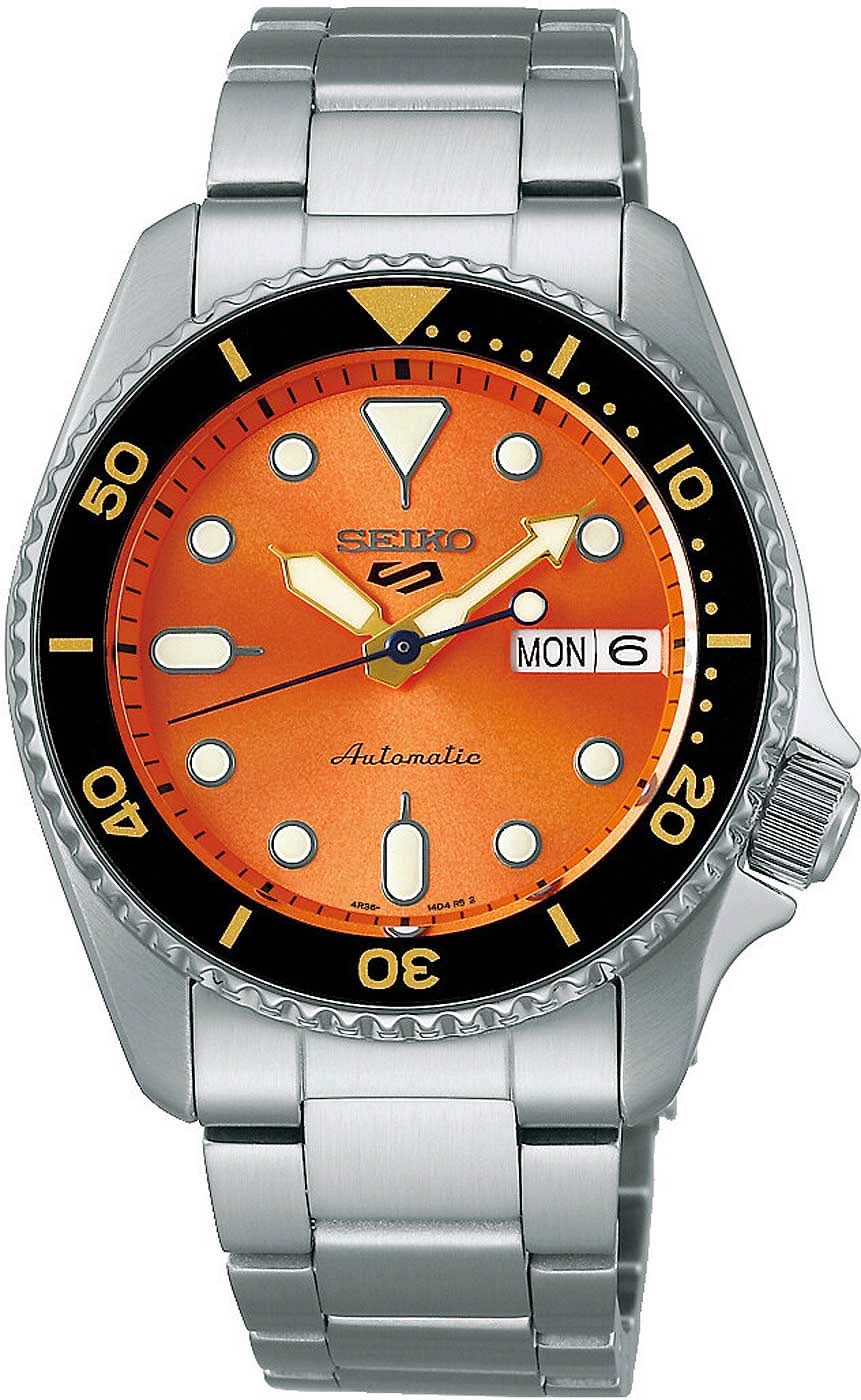 Orologio automatico Seiko 5 Sports con quadrante arancione e cinturino in acciaio inossidabile