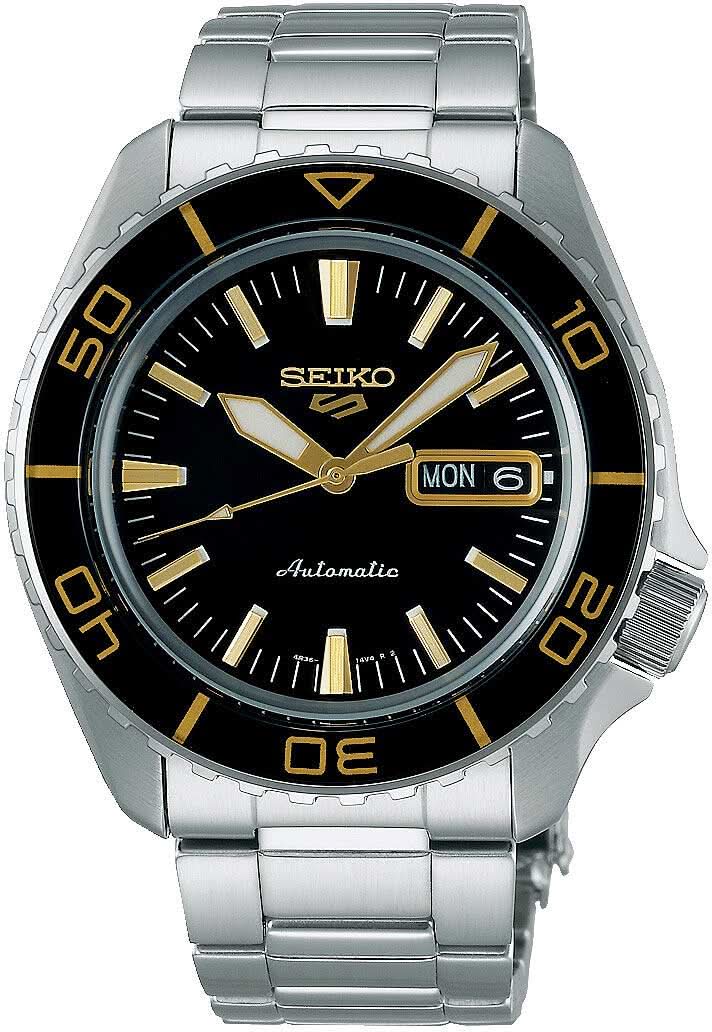 Seiko 5 Sports Herrenarmbanduhr: schwarzes Zifferblatt, goldene Akzente, Stahlband