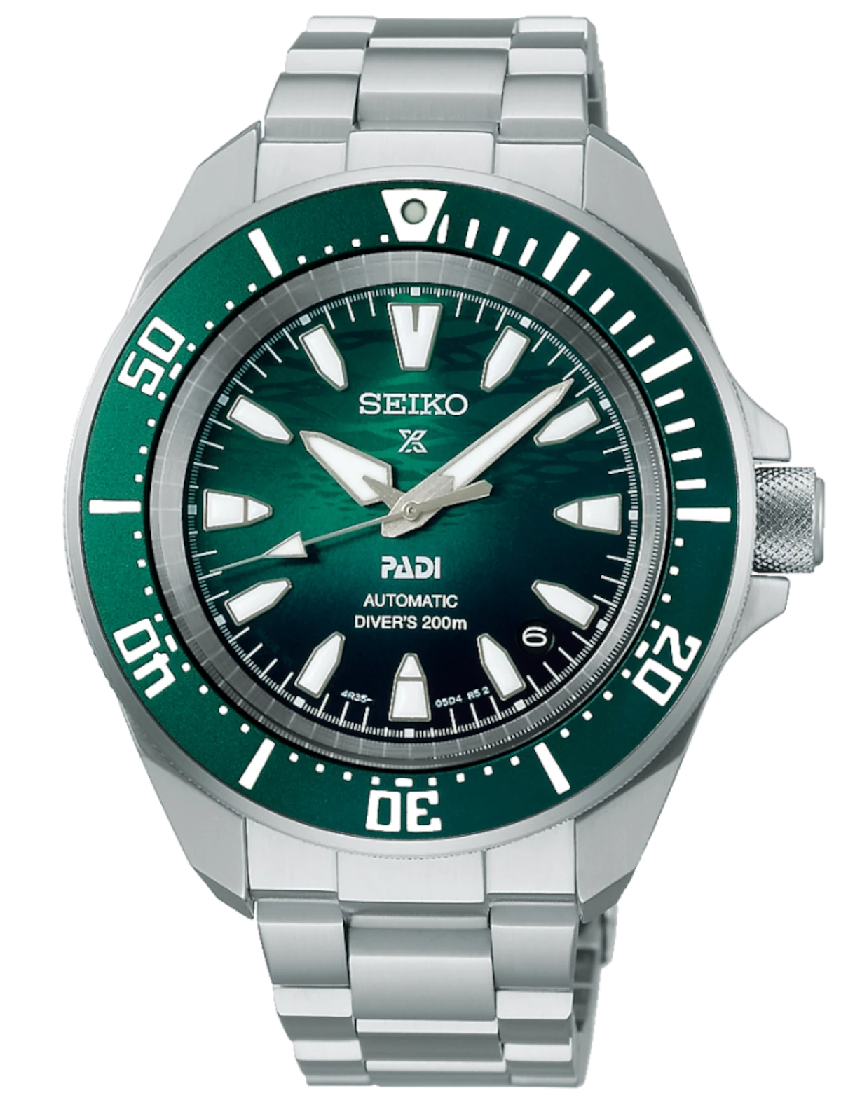 Orologio da uomo con quadrante verde e cinturino in acciaio argentato, lunetta girevole