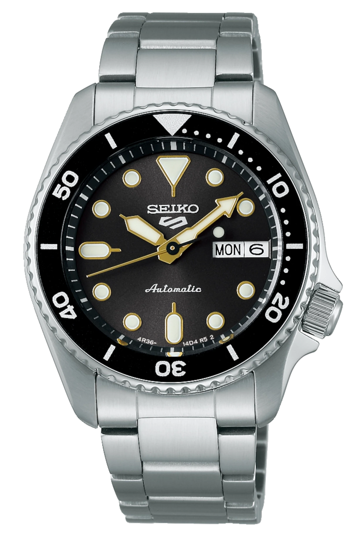 Orologio automatico Seiko 5 Sports: quadrante nero, lancette dorate, datario