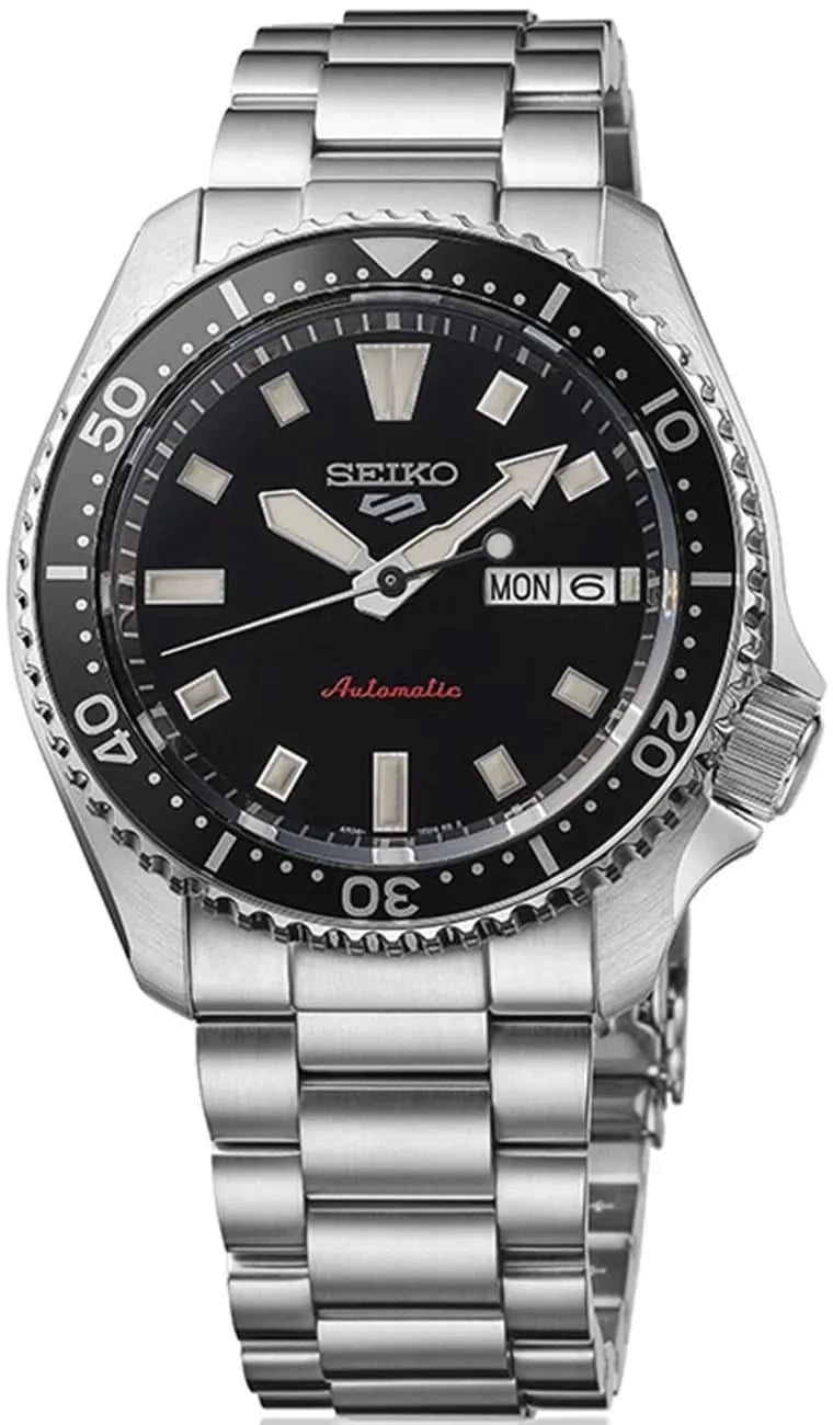 Orologio da uomo con quadrante nero, lunetta in acciaio argentato e bracciale in acciaio