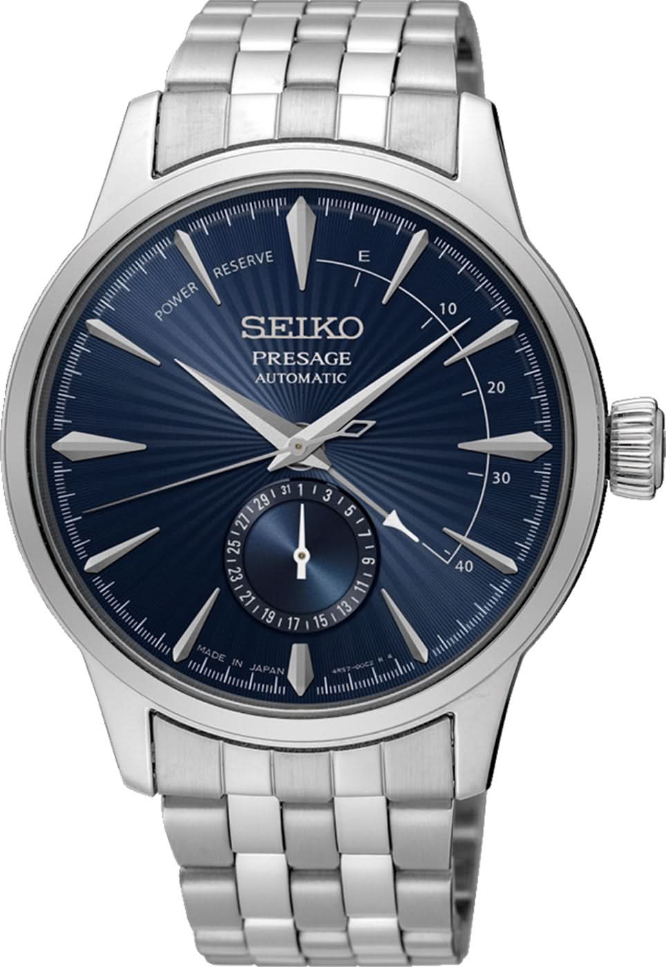 Orologio da uomo Seiko Presage con quadrante blu, riserva di carica e cinturino in acciaio inossidabile