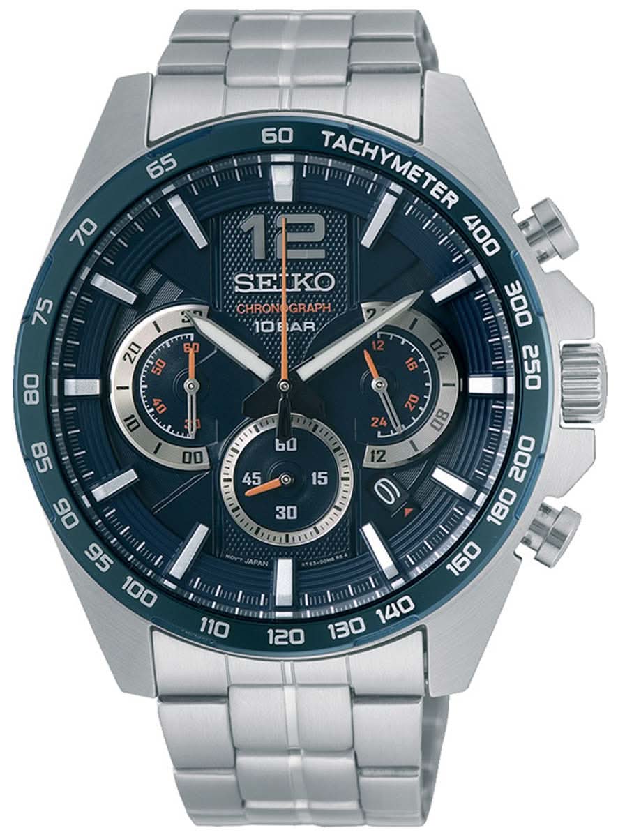 Silberne Herrenuhr mit blauem Zifferblatt, Chronographen-Details und Metallarmband