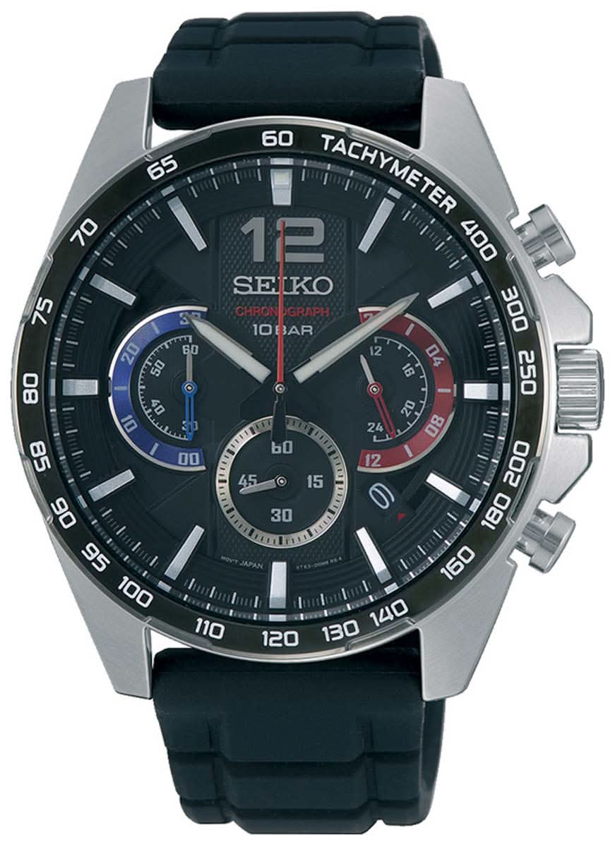 Herrenuhr mit schwarzem Zifferblatt, Tachymeter-Lünette und schwarzem Kautschukband
