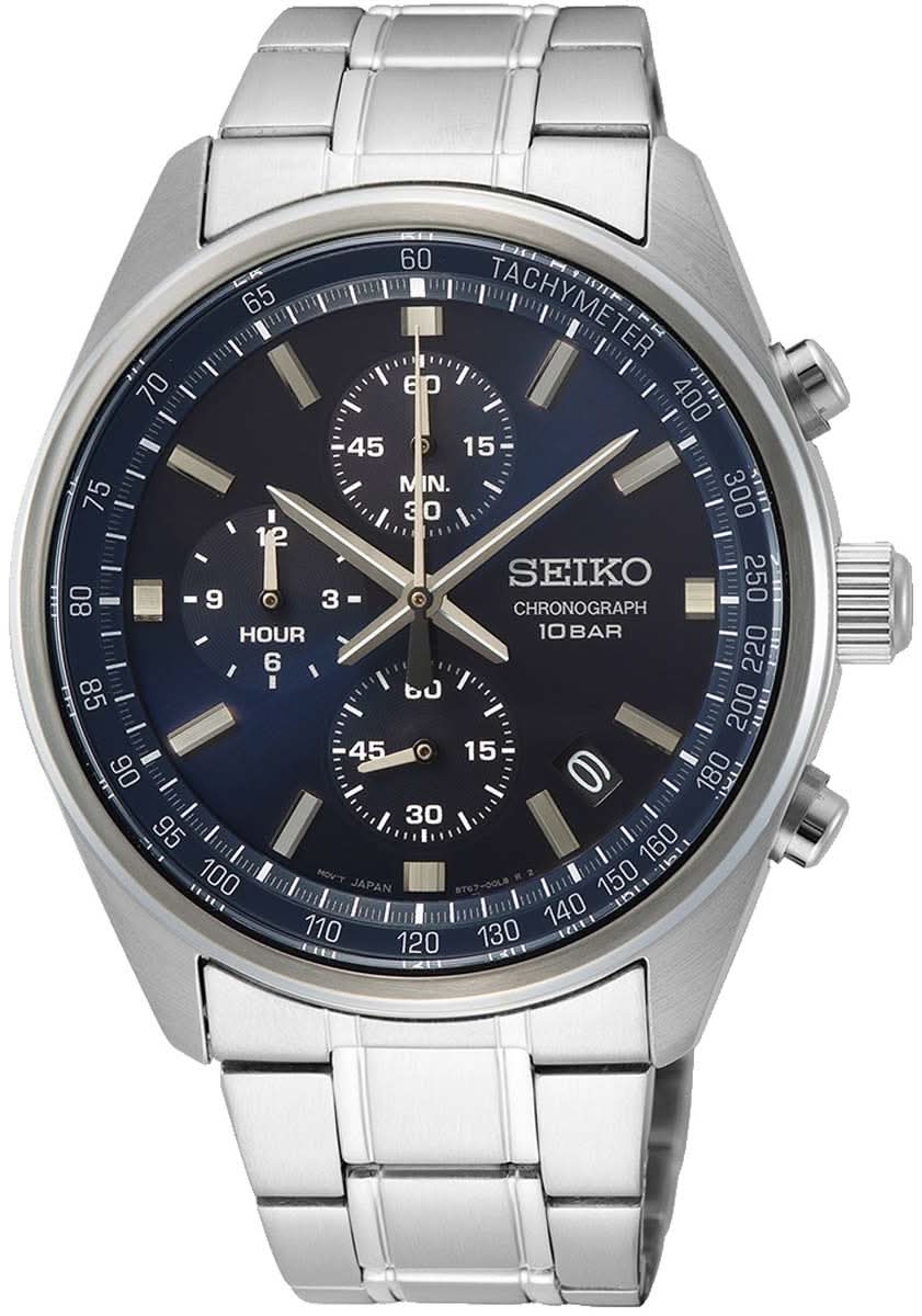 Herrenuhr-Chronograph mit dunkelblauem Zifferblatt, Edelstahlarmband und Stoppuhr