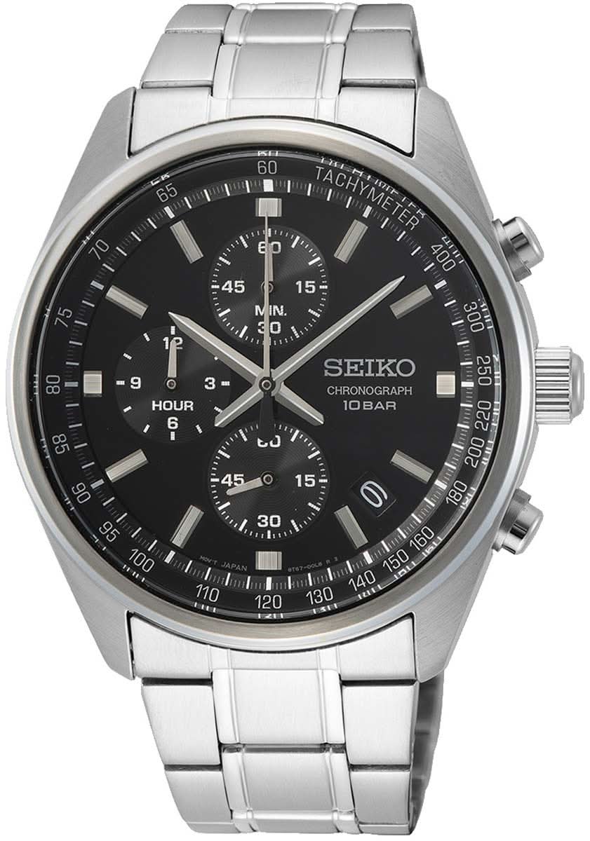 Herrenuhr mit schwarzem Zifferblatt, Chronograph und Edelstahlarmband