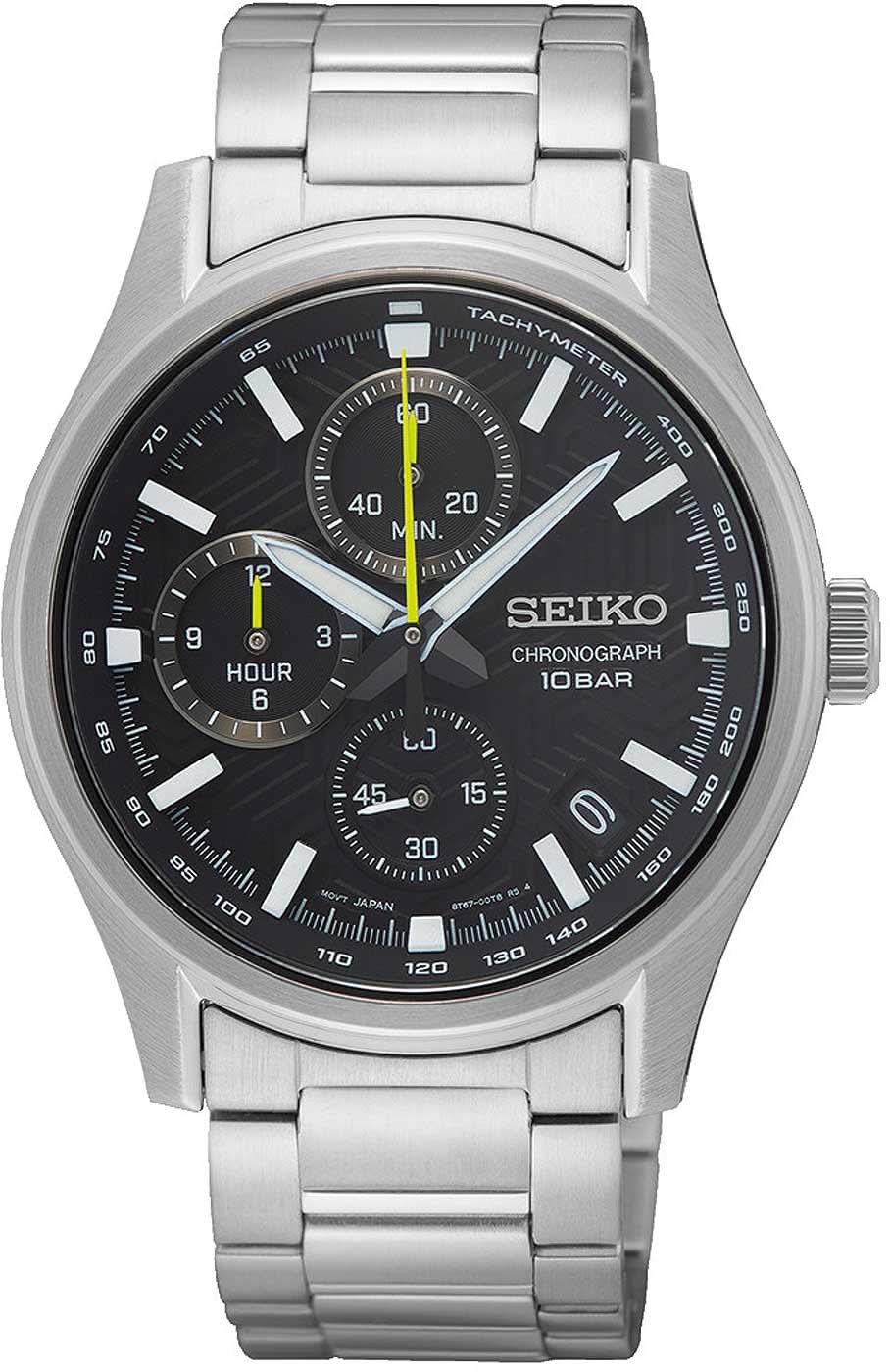 Seiko Herren-Chronograph: Stahlarmband, schwarzes Zifferblatt, Chronograph-Totalisatoren.