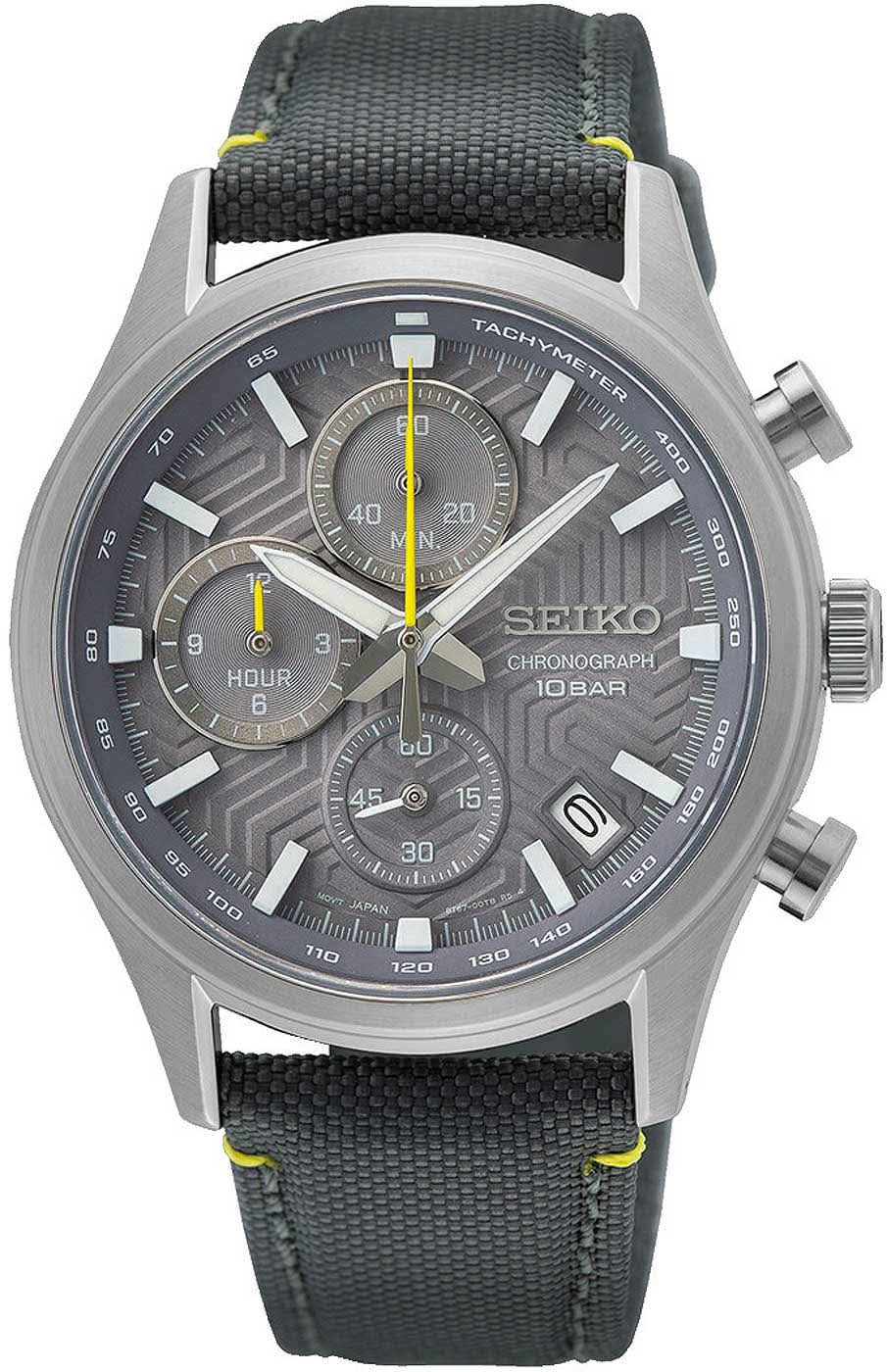 Herrenarmbanduhr mit schwarzem Stoffarmband, grauem Zifferblatt und Chronograph-Optik