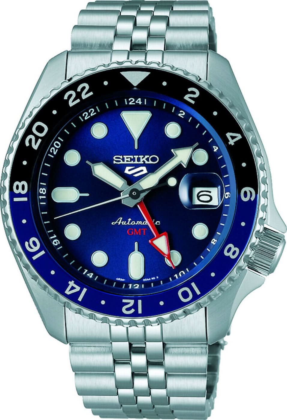 Seiko 5 Sports Herrenarmbanduhr mit blauem Zifferblatt, GMT-Zeiger und Metallband