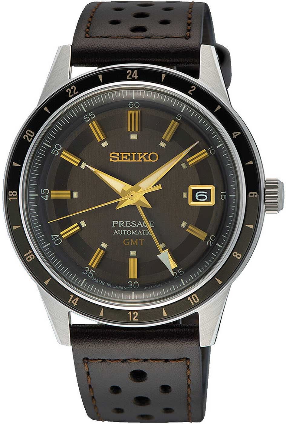 Seiko Herrenuhr mit dunklem Zifferblatt, goldenen Markierungen, Lederband, Datumsanzeige