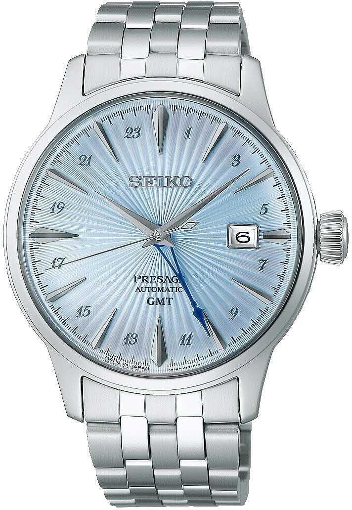 Orologio da uomo in acciaio inossidabile, bracciale argentato, quadrante blu con indicazione GMT