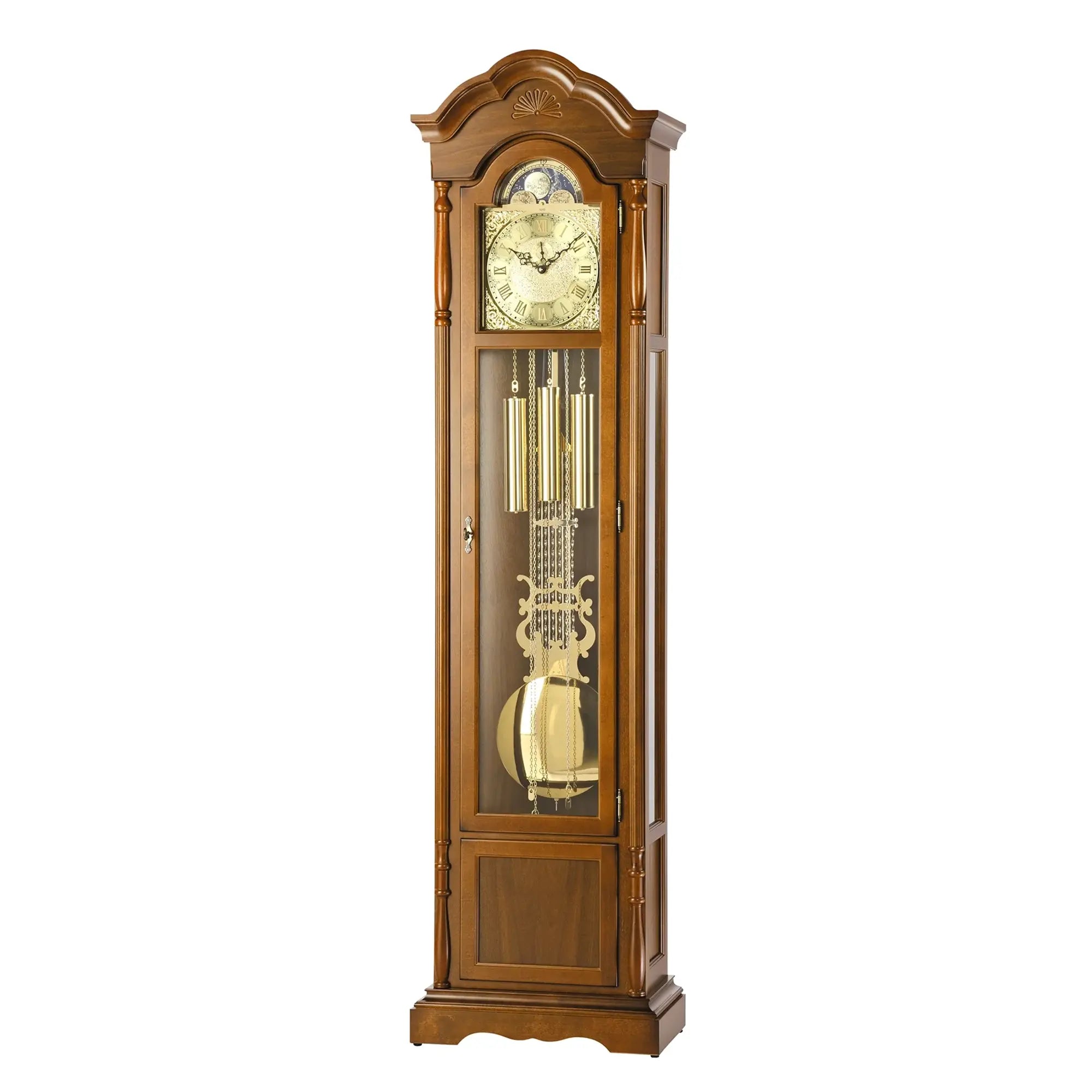 Orologio a pendolo in noce con inserto in vetro, pannelli del pendolo e aste del pendolo dorate