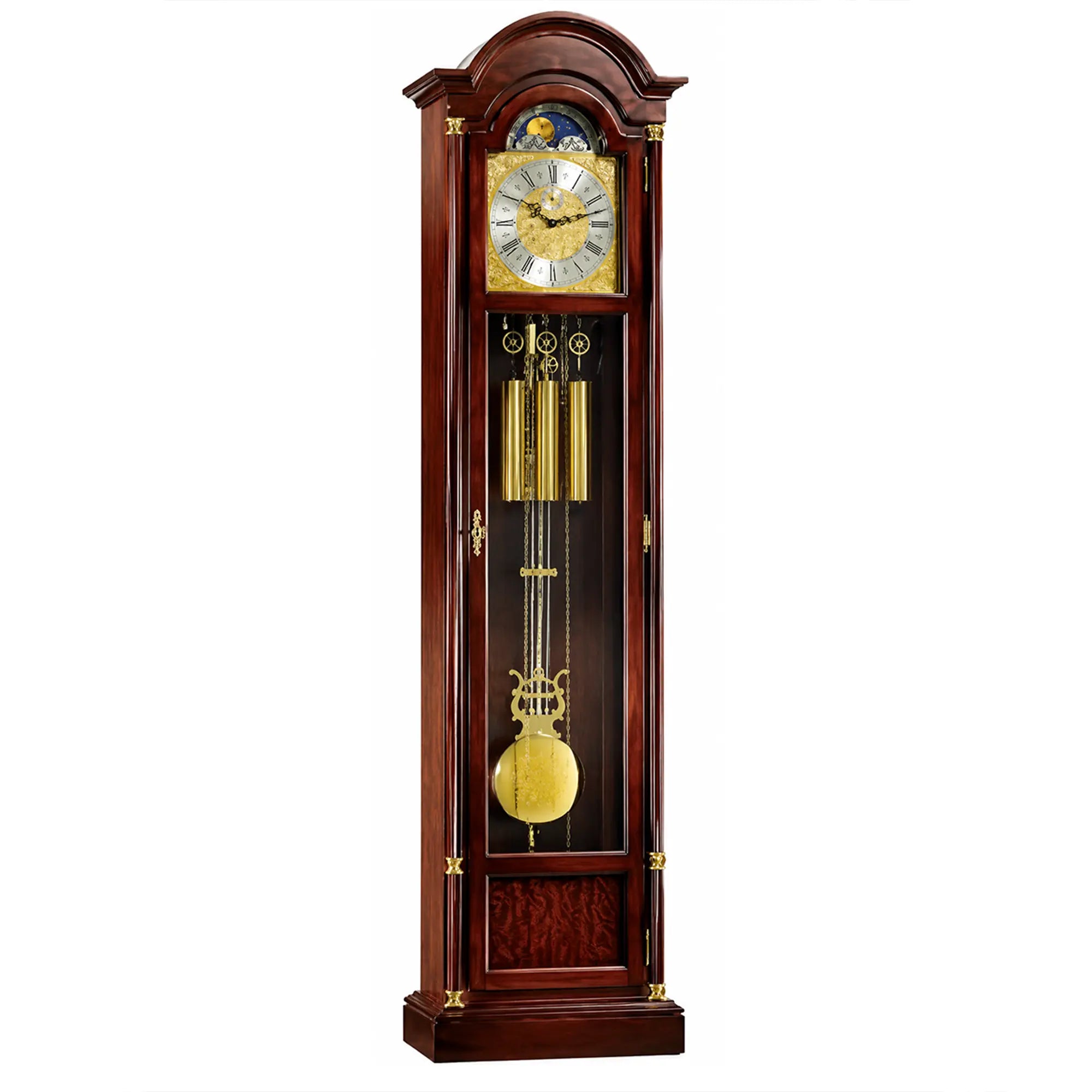Orologio a pendolo in cassa di legno scuro con meccanismo, pendolo dorato e pesi