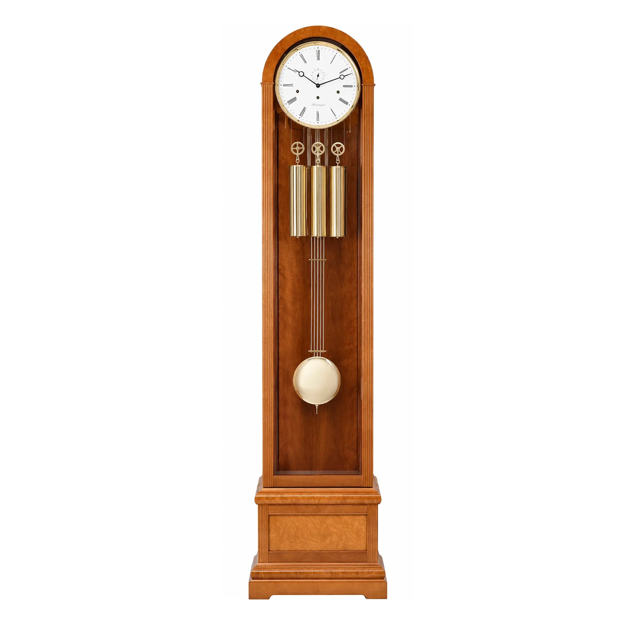 Orologio da terra in legno con quadrante rotondo, aste sonore dorate e sfera di regolazione rotonda