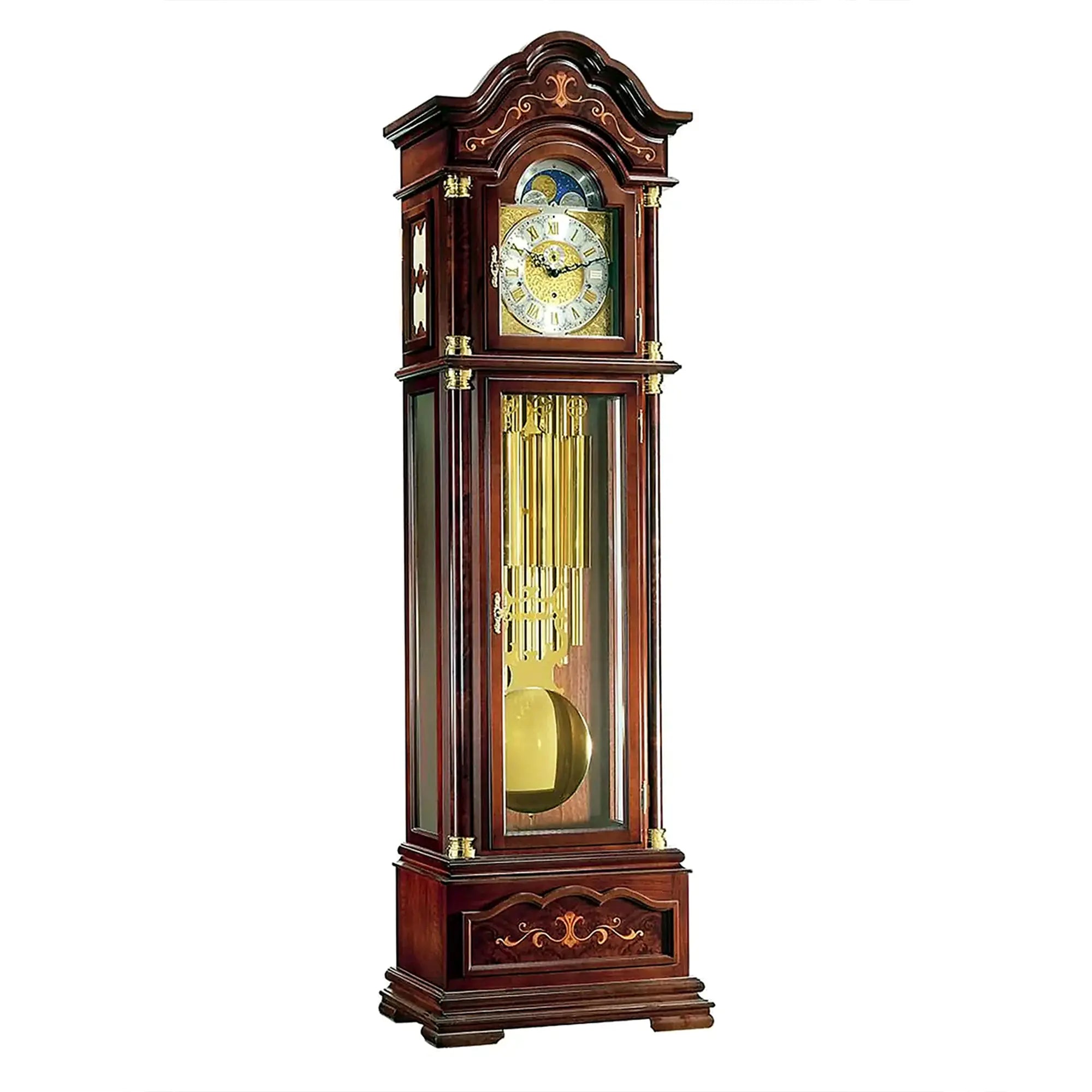 Orologio da terra in legno con frontale in vetro, quadrante e pendolo all'interno